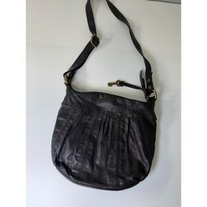 Fossil Y2K Black Leather Embroidered Pleated Hobo Crossbody Bag Adjustable Strap
